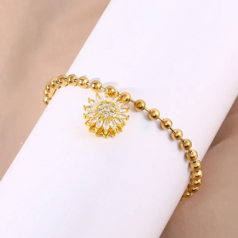 Fashionable 360° rotating sunflower zircon ball titanium steel bracelet for ladies birthday gift Christmas gift