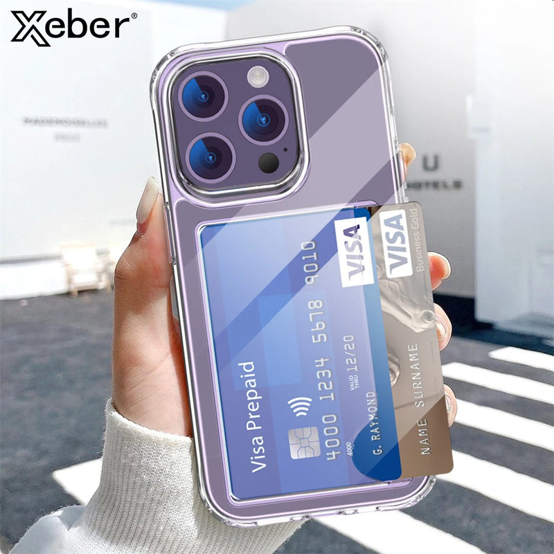 Transparent Dual Card Slots Bag Holder Case For iPhone 14 15 Pro Max 13 12 11 XR XS 8 7 Plus Clear Shockproof Soft Wallet Cover