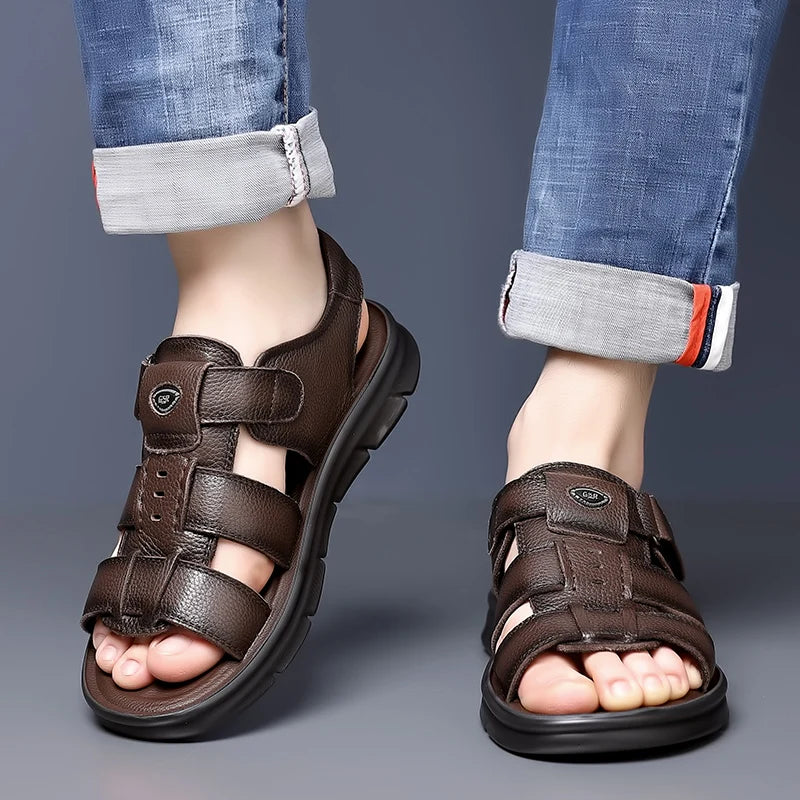 Brand Men's Fashionable Top Layer Cowhide Roman Beach Sandals Summer Breathable Soft Sole Non Slip Outdoor Quick Drying Sandals