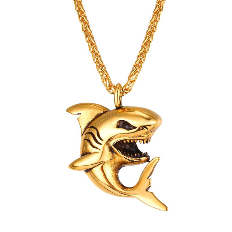 U7 Big Shark Pendant Necklace Men  Stainless Steel Jewelry Rock Punk Gold/Black Ocean Sea Animal Necklaces Father&