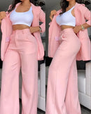New Arrivals Temperament Spring Women's Clothing Pure Color Elegant Long-Sleeved Lapel Suit Pocket Straight-Leg Pants Suit
