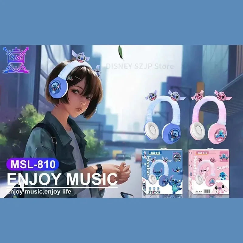 Disney Earbuds Stitch Wireless Bluetooth Headphones MSL-810 HIFI Stereo Sound Plush Headsets with Mic Kids Gifts Anime Cartoon