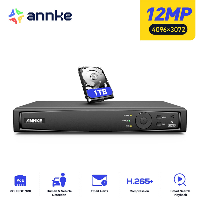 ANNKE 12MP 16CH PoE NVR for Security Camera System 24/7 Record Smart Playback Human Vehicle Targets Detection NVR Remote Access