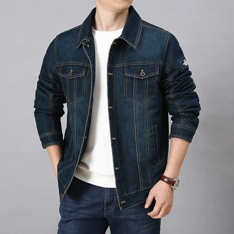 casual denim jacket, spring and autumn style Jeans Coat for Men Light Denim jacket, men's multi bag retro denim jacket
