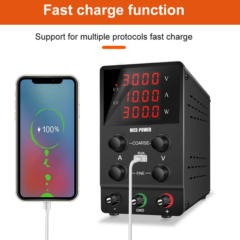 Nice-power 30V 10A Lab Adjustable DC Power Supply with 4-Digit LED Display; USB-A Fast Charge with Potentiometer; Bench source