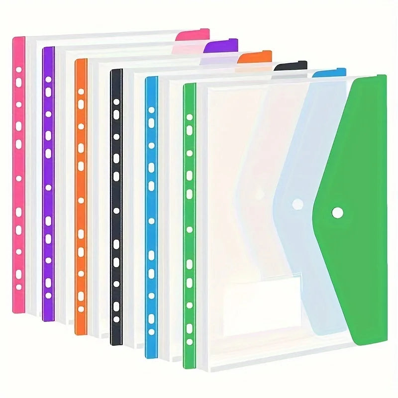 6 pcs Plastic envelope with adhesive snaps & 11 holes file folder expansion bag for 2/3/4 ring file bag and A4 school bag file b