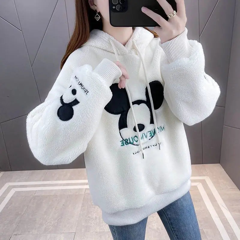 Disney Mickey Mouse Print Sweatshirt Thick Plush Lining Hoodie Loose Korean Fashion All-match Oversized Kawaii Hoodies