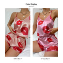 Women's Cute Heart Print Satin Pajama Set - V Neck Cami Top and Elastic Shorts for Comfortable Sleep and Lounging Homewear