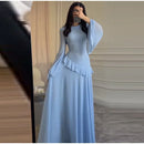 Fashion Flare Sleeve Ruff Long Dress Women Solid O-neck High Waist Slim Pleated Maxi Dresses 2025 Lady Summer Chic Party Robes