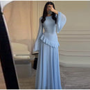 Fashion Flare Sleeve Ruff Long Dress Women Solid O-neck High Waist Slim Pleated Maxi Dresses 2025 Lady Summer Chic Party Robes