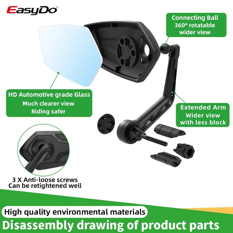 EasyDo Bicycle Rear View Mirror Handlebar End Mountain Bike Durable Wide Range Back Sight Reflector Adjustable HD Convex Glass