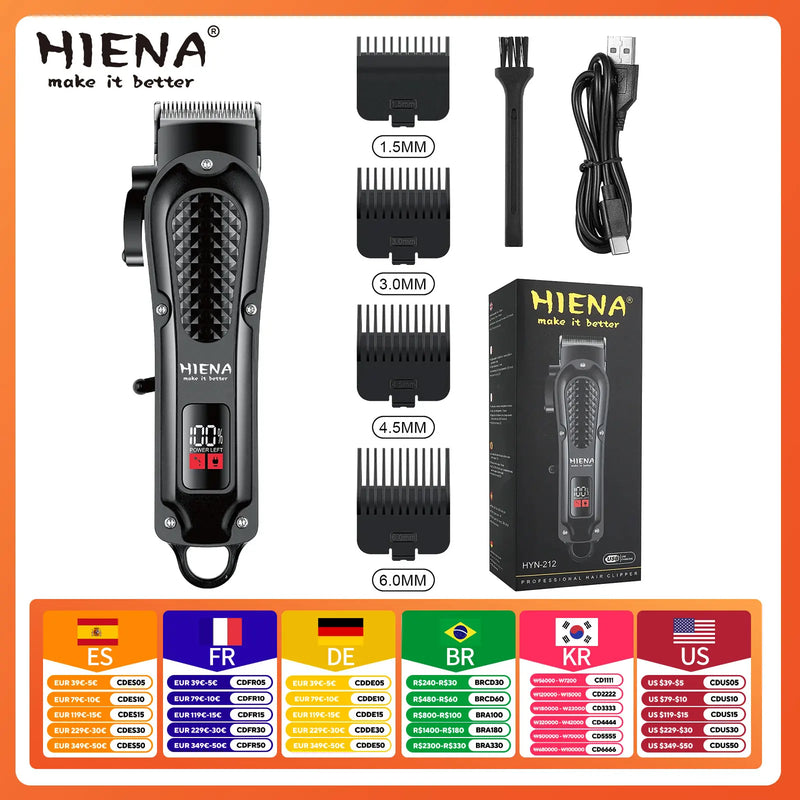 Hiena HYN-212 Electric Hair Clipper UBS Rechargeable Cordless Beard Trimmer Men Powerful Electric Hair Clipper Trimming Tool