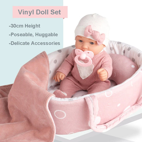 30 cm Babypuppen-Spielset in Geschenkbox mit Zubehör, rosa Schnuller, Vinyl Reborn Doll Spielzeug, Weihnachtsgeschenk für Mädchen Jungen Kinder