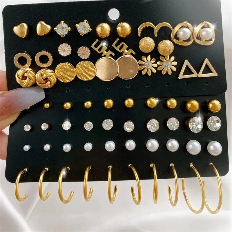 Trendy Vintage Gold Color Earrings Set Pearl Stud Earrings for Women Korean Geometric Crystal Small Earrings 2024 BrincosJewelry