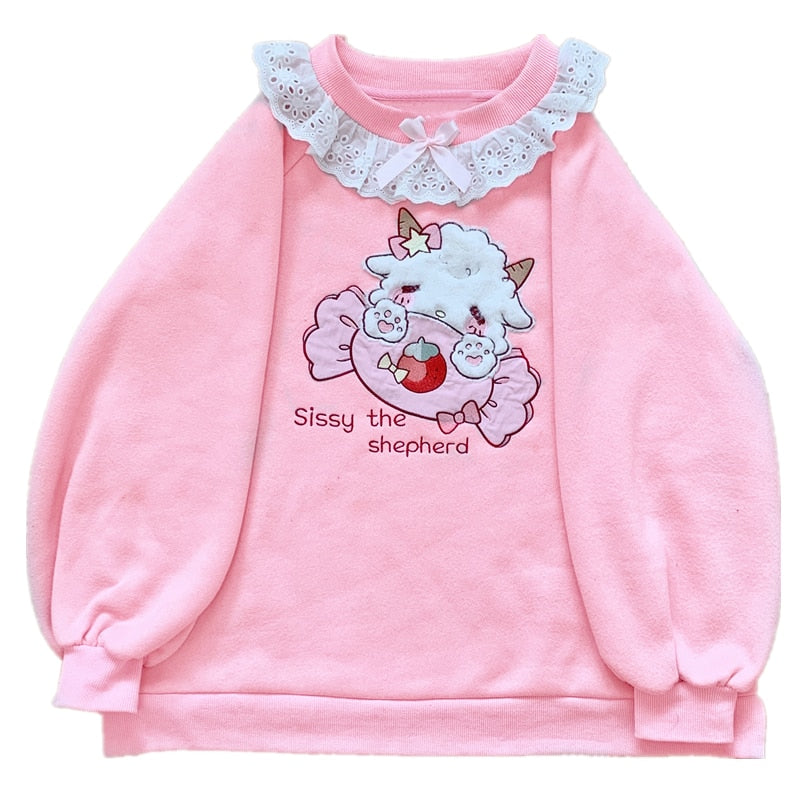 2022 Autumn Women Lace Neck Cute Hoodies Harajuku Kawaii Sweatshirt Lolita Girl Pink Pullover Lamb And Candy Embroidery Sudadera