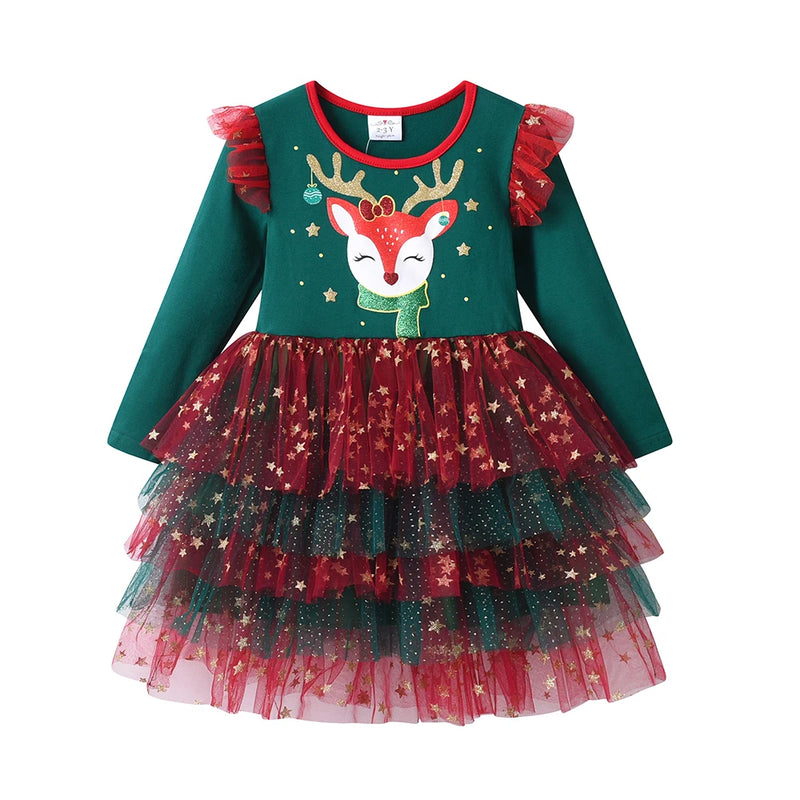 DXTON Princess Dress For Girls Christmas Gift Elk Printed Children New Year Party Clothing Winter Layered Mesh Kids Xmas Dress