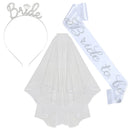 3tlg. Hochzeit Verlobung Party Brautdusche Dekorationen Zubehör Braut Tiara Krone Schärpe Schleier Set Junggesellinnenabschied Gastgeschenke