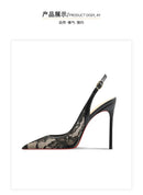 Black lace high-heeled sandals for the summer of 2025, new pointed, thin heel,shallow mouth,comfortable professional single shoe