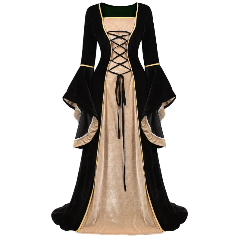 Medieval Renaissance Velvet Long Dress Women Victorian Retro Fancy Gown Halloween Cosplay Costume Plus Size