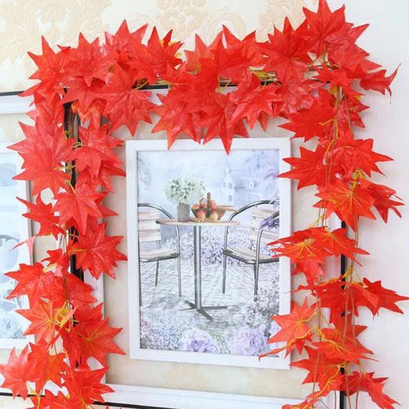 2.4m Red Maple Leaf Rattan Garland Decorations Outdoor Hanging Vines Artificial Maple Leaf for Autumn Thanksgiving Fall Decor