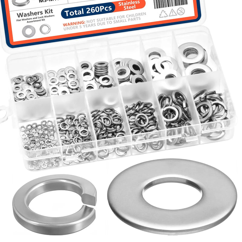 260pcs Lock and Flat Washer Assortment Kit Stainless Steel M3 M4 M5 M6 M8 M10 Spring Lock Washers and Flat Washers Set