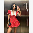Red Floral Print Peter Pan Collar Dress Women Puff Sleeve V-neck High Waist A-line Mini Dresses Lady Evening Dinner Vestido 2026