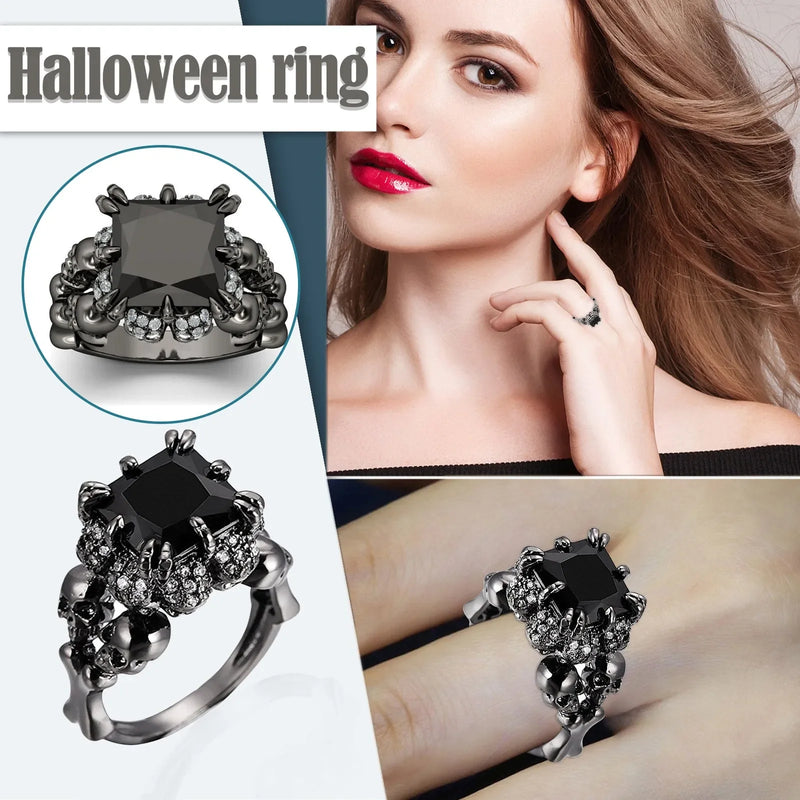Personality Punk Skull Retro Gothic Style Rings for Wmen Men Halloween Black Zircon Jewellry Women' Black Simple Ring Accession