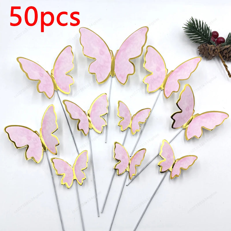 50pcs Butterfly Cake Decoration Gold Pink Butterfly Cake Toppers Birthday Wedding Anniversary Shower Baking Toppers