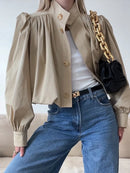 Fashion Stand Collar Short Jacket Women Long Puff Sleeve Single-breasted Pleated Women's Coat 2025 Autumn Lady Outwears Street