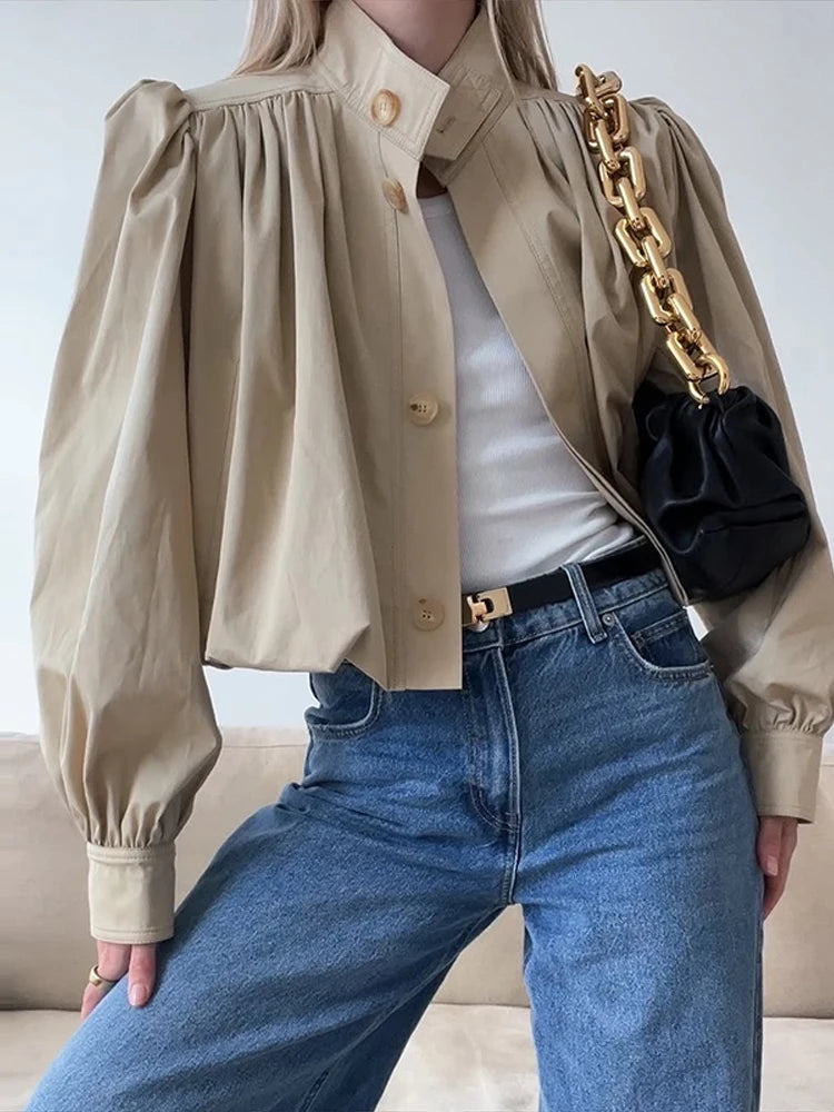 Fashion Stand Collar Short Jacket Women Long Puff Sleeve Single-breasted Pleated Women's Coat 2025 Autumn Lady Outwears Street