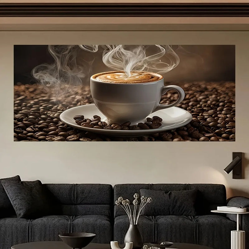 Coffee art canvas print, mural decoration, suitable for living room bedroom and hallway, 1.5 inch thick pine solid wood frame