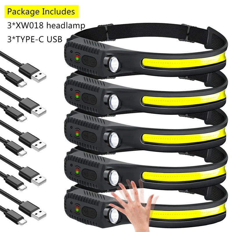 COB LED Sensor Headlamp USB Rechargeable Flashlight Built-in 1200 MAh Battery  5 Lighting Modes Torch Outdoor Camping Lantern