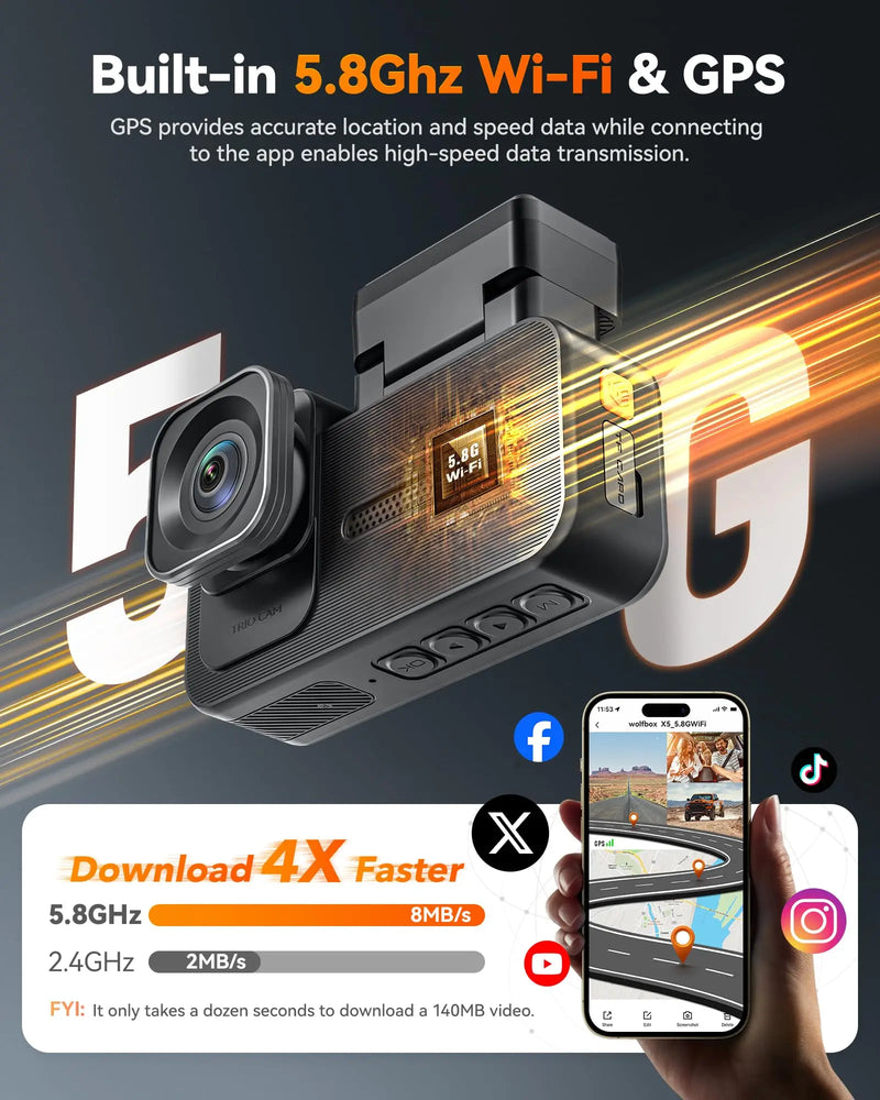 WOLFBOX X5 3 Channel 4K Dash Cam STARVIS 2 IMX678 4K+2.5K Front and Rear Inside Triple Car Camera 5.8GHz WiFi Mirror Car DVR