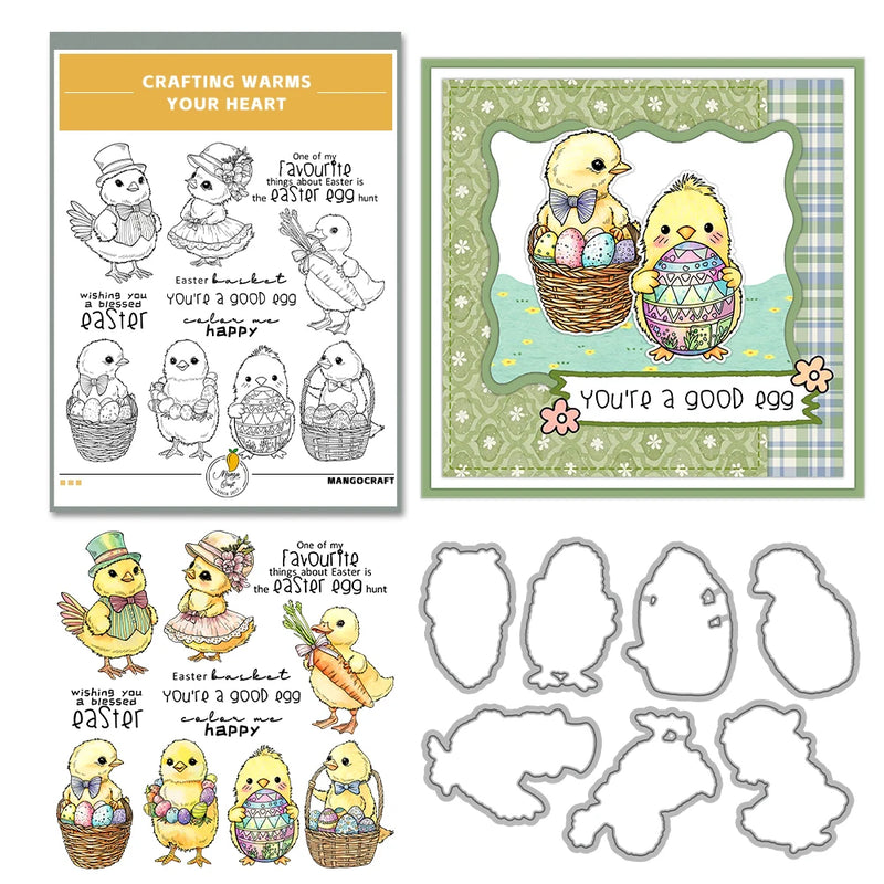 Mangocraft Happy Easter Eggs And Chicken Cutting Dies Clear Stamp DIY Scrapbooking Metal Dies Silicone Stamp For Cards Albums