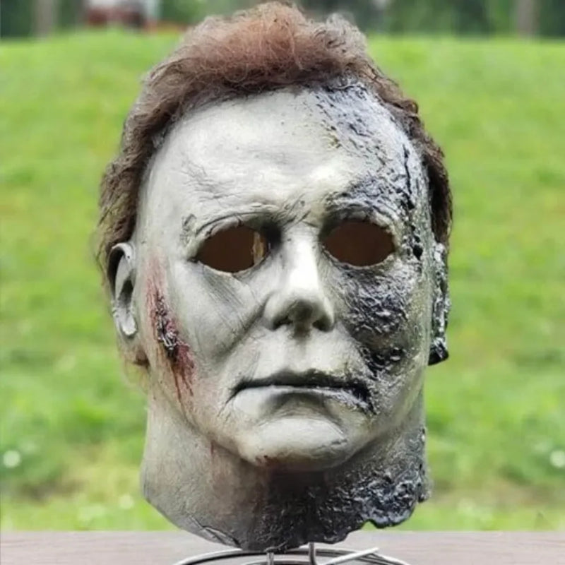 Halloween Michael Myers Mask Scary Killer Full Head Mask Creepy Fire Burn Scar Latex Face Mask Cosplay Costume Party Props Knife