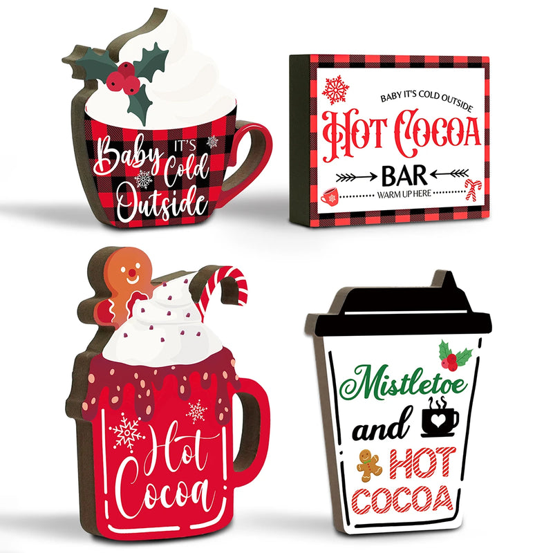Putuo Decor 4pc Christmas Table Decor, Christmas Hot Cocoa Sign, Desktop Wooden Sign for Tiered Tray Farmhouse Table Christmas