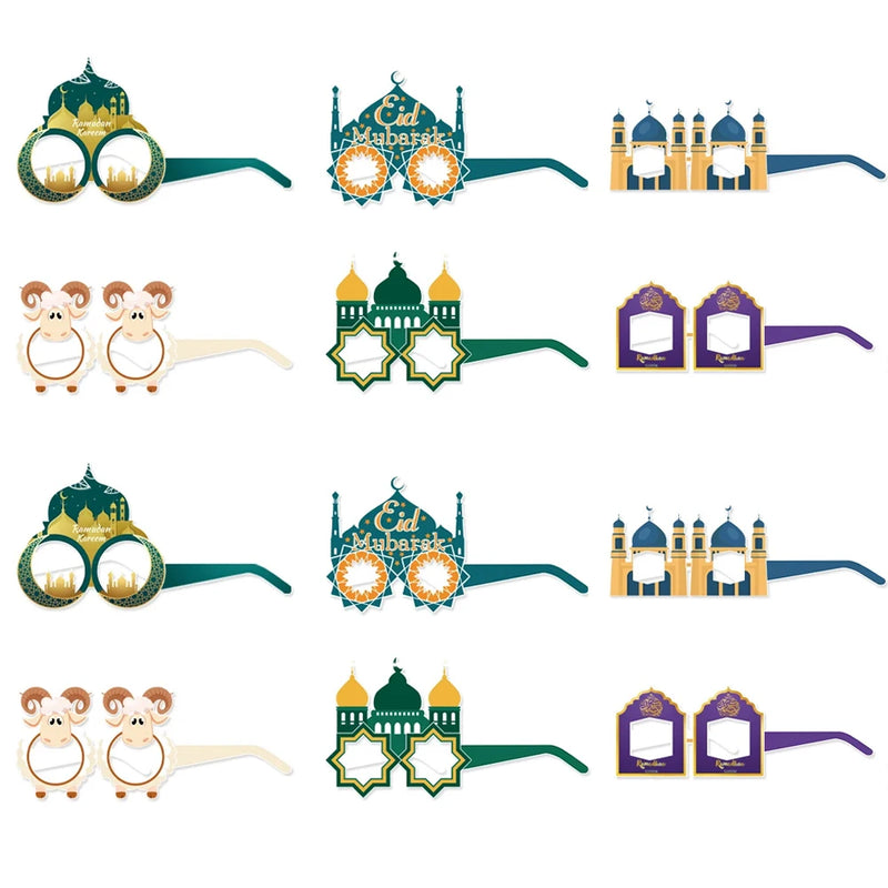 12/6pcs EID Mubarak Decoration Paper Glasses Frame Ramadan Islamic Muslim Photo Booth Props Kids Gift Eid Al Adha Party Supplies
