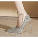 New Pearl Waterproof High Heel Shoes Women's Spring Autumn Pointed Toe Thin Heel Champagne Color Crystal Bride Marriage Shoes