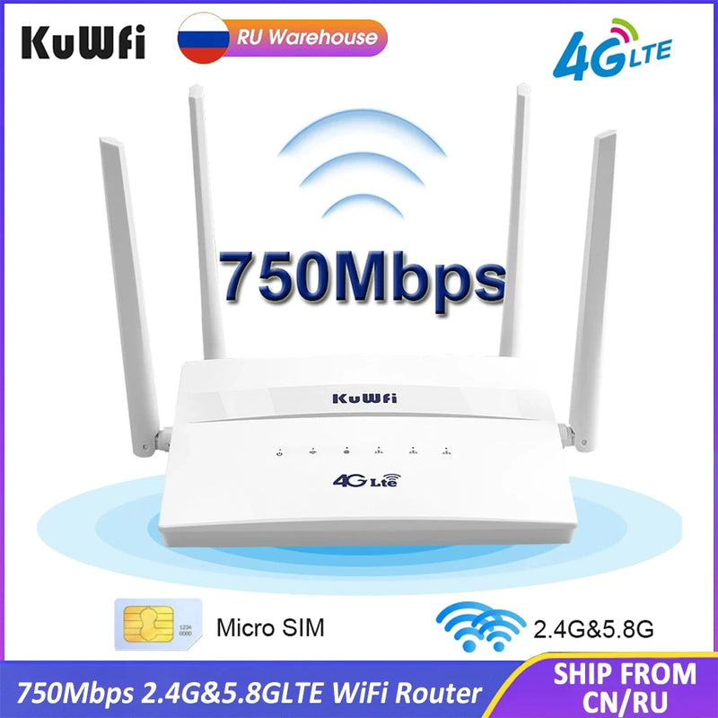 KuWFi 4G LTE Router Cat4 Wireless WiFi Router 4G SIM Wifi Router 2.4G 5.8G Dual Band 750Mbps Roteador LAN WAN Support 32 Users