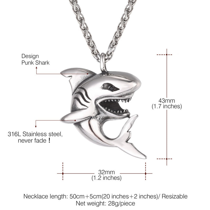 U7 Big Shark Pendant Necklace Men  Stainless Steel Jewelry Rock Punk Gold/Black Ocean Sea Animal Necklaces Father&