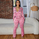 VEITCHE Women's Summer Outfit Casual Leopard Print Long Pant Suit Slim Hoodie Zipper Top High Waist Trousers Set Street Style