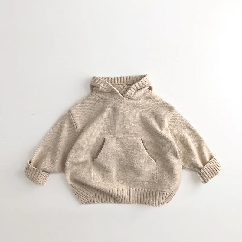 Front Pocket Fine Knit Children Boys Girl Sweaters Hoodie Knit Pullover Loose Style Girl Hooded Toddler Knitwear Coat
