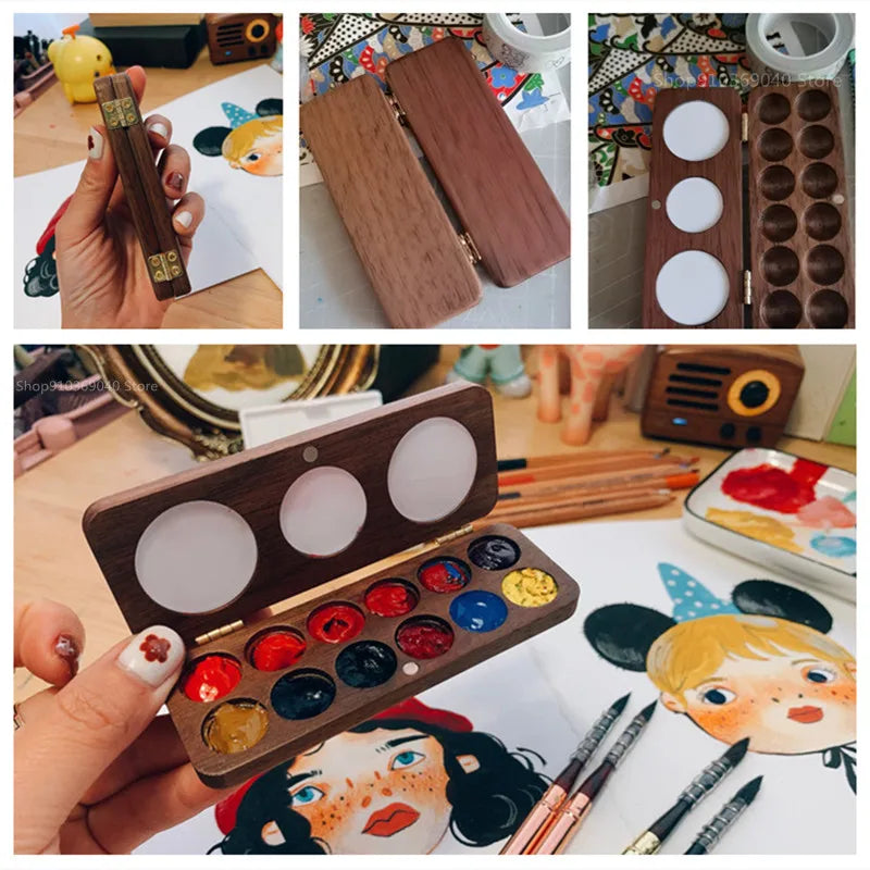 Portable Wooden Handmade Watercolor Paint Box Empty Box Mini Black Walnut/cherry Paint Palette Painting Supplies