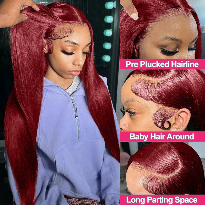 Burgundy 13x4 HD Lace Frontal Human Hair Wig Straight wig 13x6 Lace Front Human Hair Wigs For Women 99J Colored 200 High Density