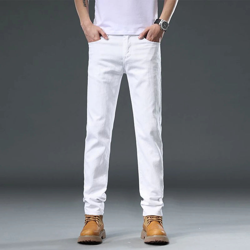 2025 Autumn Men's White Slim Fit Straight Jeans Casual Stretch Denim Pants Comfortable Fashion Streetwear Male Brand Clothing