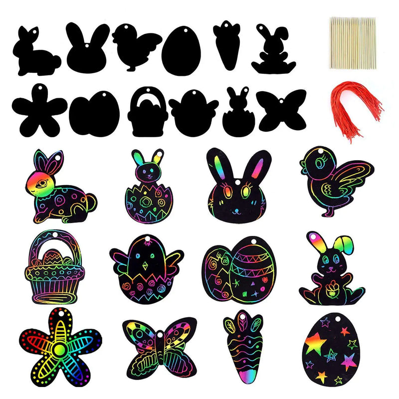 12pcs Easter Magic Scratch Paint Easter Eggs Crafts DIY for Making Holiday Gifts Egg Basket Fillers Party Decorations