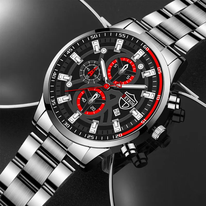 3PCS Set Fashion Luxury Mens Calendar Watches Male Casual Silver Quartz Watch Men Necklace Bracelet Wrist Watch