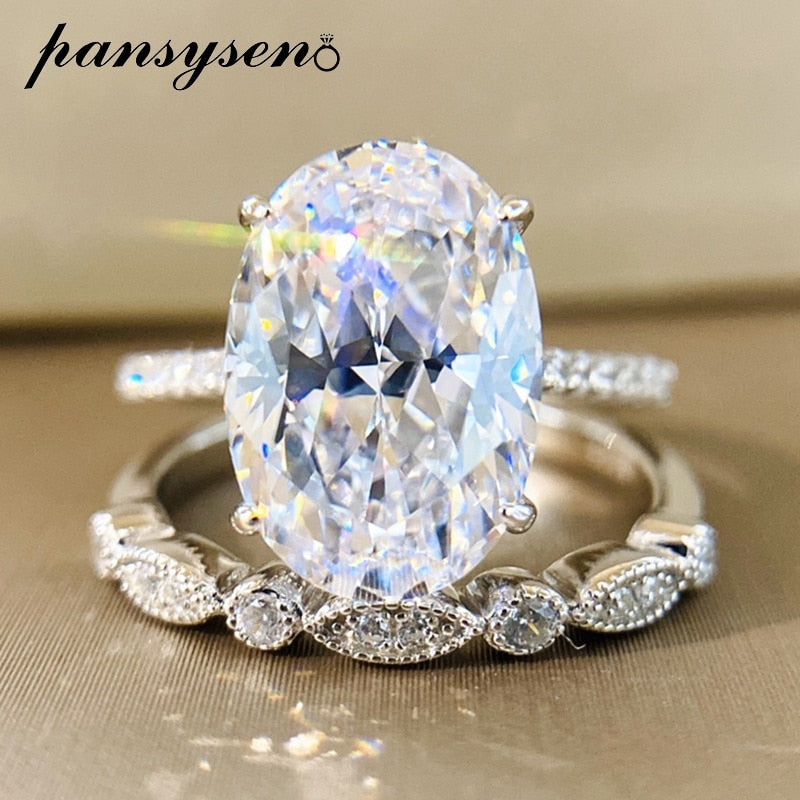 PANSYSEN  9ct Radiant Cut 9*13MM lab Moissanite Diamond Ring sets for Women Solid 925 Sterling Silver 18K Rose Gold Color Rings