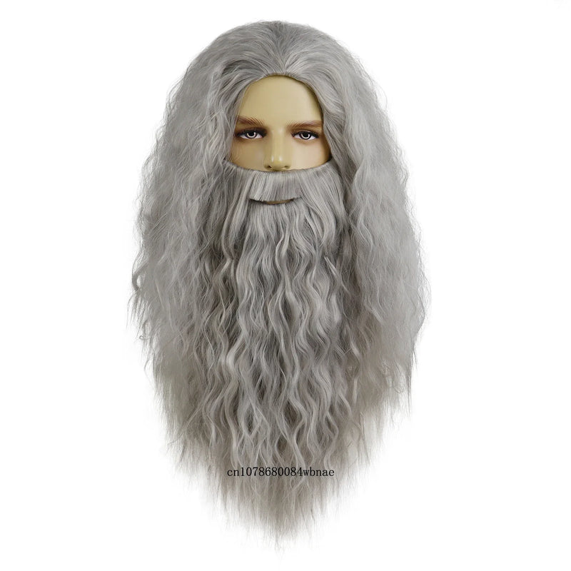 Dumbledore Wigs Synthetic Hair Long Curly Wavy Wizard Grey Wig and Beard for Men Cosplay Accessory Party Halloween Dress Costume