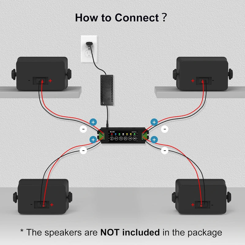 Herdio 4-Channel Bluetooth Amplifier 200W Power Output With 24V5A AC-DC Power Supply Wall Mount USB/MIC/AUX For Passive Speakers